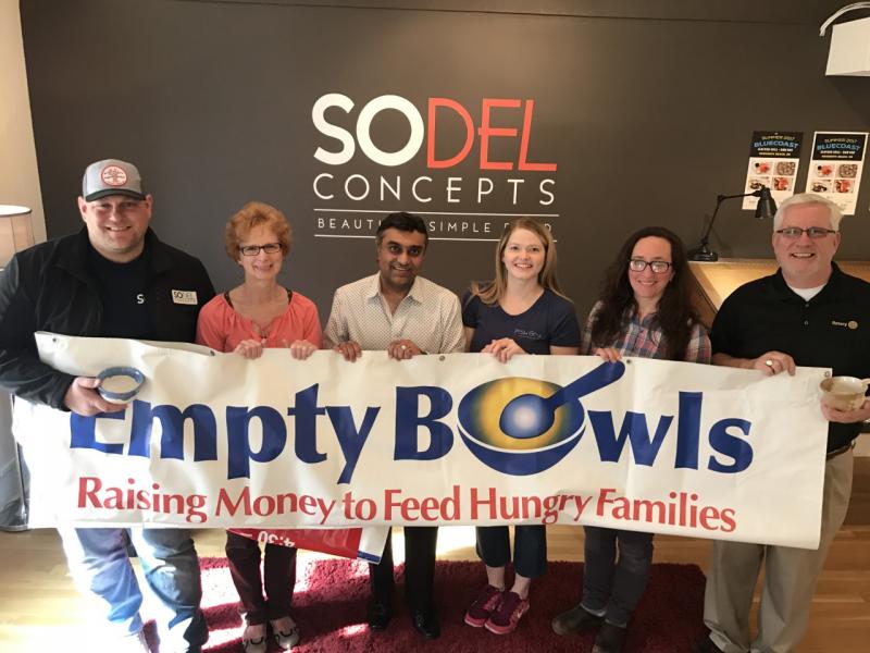 Shown are (l-r) Scott Kammerer, president, SoDel Concepts; Susie Keefer, founder, Miriam's Table; Harry Keswani, founder, Harry K Foundation; Jen Myers, chef, Plate Catering for SoDel Concepts; Sara Ganter, chief operating officer, Rehoboth Art League; and Ray Bryant, president-elect, Rehoboth Beach Sunrise Rotary Club and chairman, Sussex County Empty Bowls fundraiser. SUBMITTED PHOTO